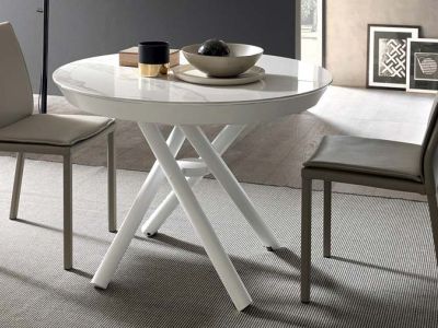 Tavolino trasformabile tondo Helios Altacom ceramica bianco statuario alzato